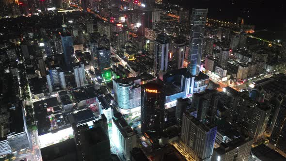 Aerial footage of landscape at night in shenzhen city, China, Hyperlapse