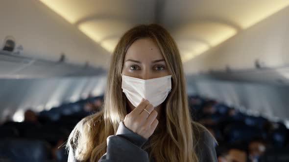 Portrait of a Woman Standing in a Seat Row on Plane Taking Off Mask to Smile