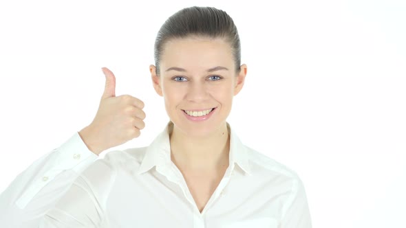 Thumbs Up by Woman on White Background