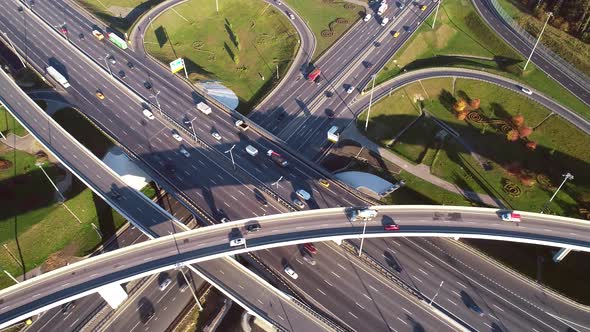 Aerial View of a Freeway Intersection Traffic Trails in Moscow