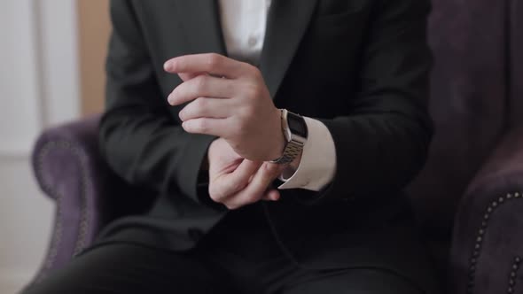 Man Put on Wrist Watch Groom Dresses Male Businessman Waiting for Meeting Hand with Clock