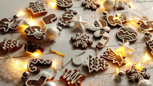 Christmas Sweets Composition. Gingerbread Cookies with Xmas Decorations