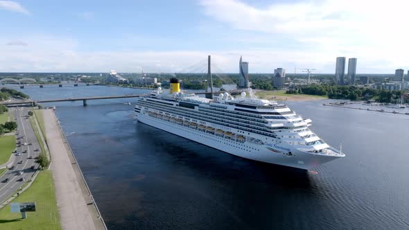 Beautiful Cruise Ship Docked in Riga Latvia Near the Old Town and the Bridge