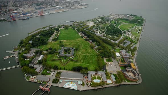 Aerial View of Flying Around Governor's Island in NYC
