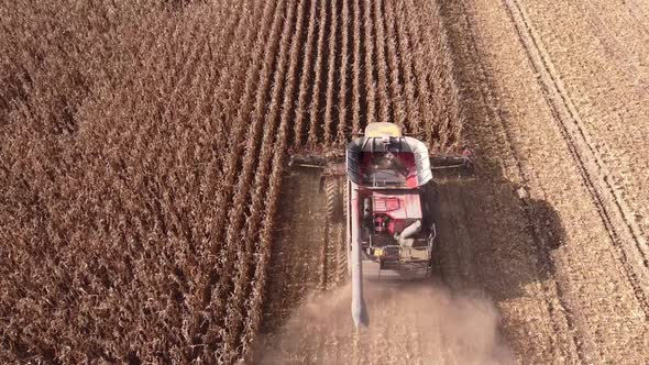 Aerial View Of Combine Harvester Harvesting Ripe Corn On Harvest Field In Southeast Michigan - drone