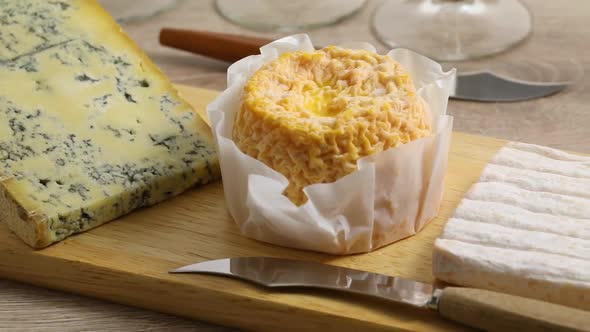 French cheese platter with four different types of cheese close up