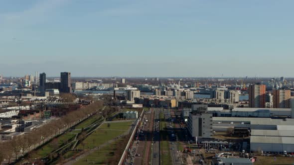 View of traffic and port in Rotterdam, the Netherlands on a sunny winter day