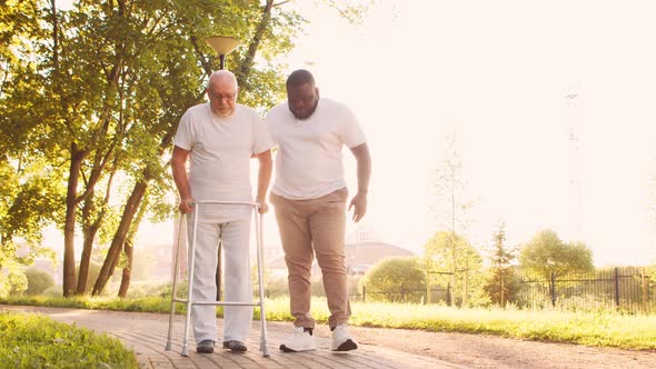 African-American caregiver is teaching disabled old man to walk with walker. Nurse and patient.