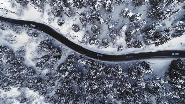 Cars Driving on Winter Country Road in Snowy Forest Aerial View From Drone
