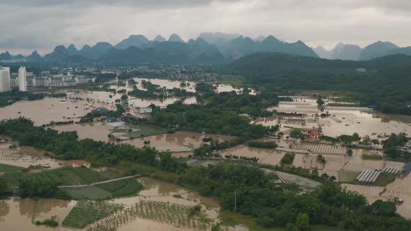 Natural Disaster in China Mainland, Flooded Rural City, Drone View