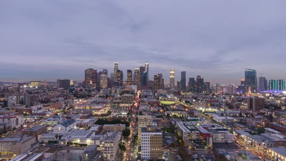 Los Angeles Downtown at Twilight. California, USA. Aerial View