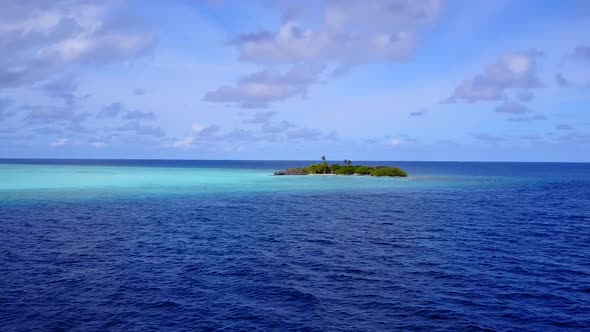 Aerial drone panorama of bay beach by clear ocean with sand background