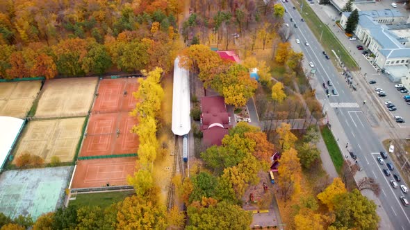 Aerial railway station in yellow autumn forest