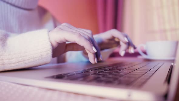 Closeup of Business Woman Typing on Laptop. Female Hands Busy Typing on Keyboard. Freelancer Girl