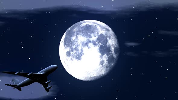 Airplane Flying Over Moon in Starry Night alt