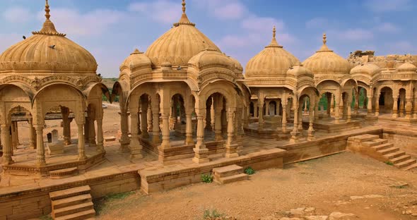 Bada Bagh Cenotaphs (Hindu Tomb Mausoleum) Made of Sandstone in Indian Thar Desert. Jaisalmer