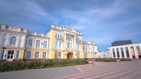 Beautiful 18Th Century Building in the Center of Uralsk Timelapse Hyperlapse. Western Kazakhstan