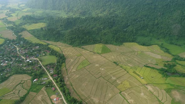 Nature landscape near town of Vang Vieng in Laos seen from the sky