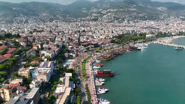 Luxury Yachts in the port aerial view 4 K Alanya Turkey