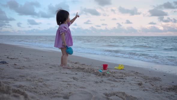 Baby girl is standing on the beach and pointing in the sky.