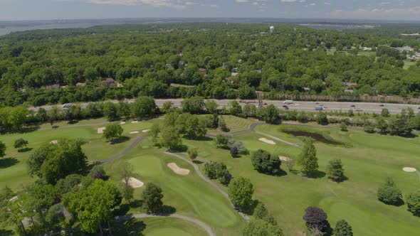Flying Over a Golf Course and Towards Freeway in Long Island