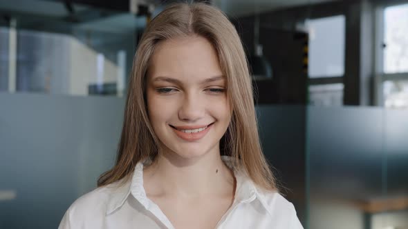 Closeup Portrait Caucasian Happy Satisfied Confident Female Student Smiling Toothy Smile Successful