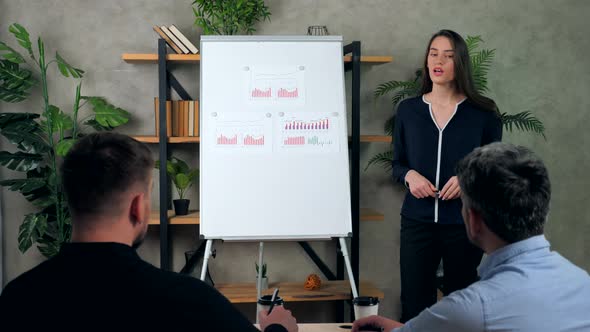 Businesswoman near flip chart diagrams speaking motivational speech top managers