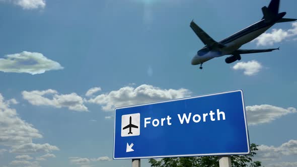 Airplane landing at Fort Worth, Dallas Texas, USA airport