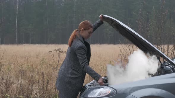 Business Woman Open Hood Looking Car Smoke Engine