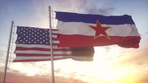 Yugoslavia and United States Flag on Flagpole