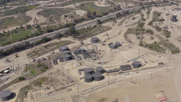 Oil pump jack on the factory. Aerial view oil refinery factory.