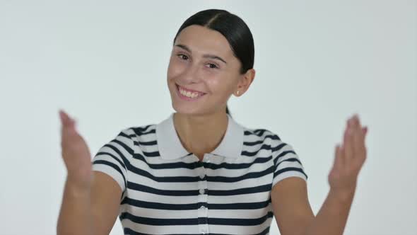 Latin Woman Pointing and Inviting White Background