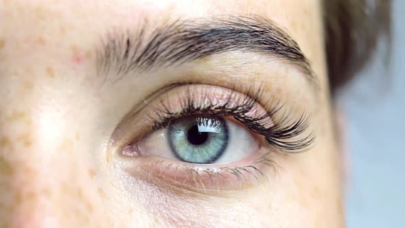 Eye of the girl close-up, woman opening her blue eye