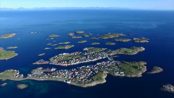 Henningsvaer on Lofoten islands, Norway, aerial