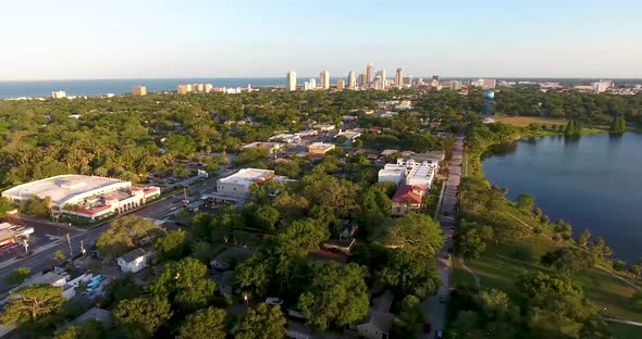 4K Aerial Dolly Video of Downtown St Petersburg over Crescent Lake