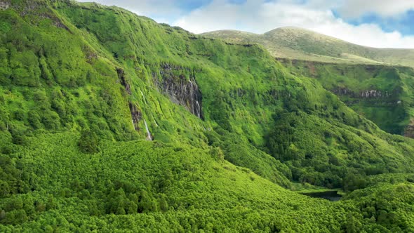 Valley Surrounded Mountains of Poco Ribeira Do Ferreiro Flores Island Azores