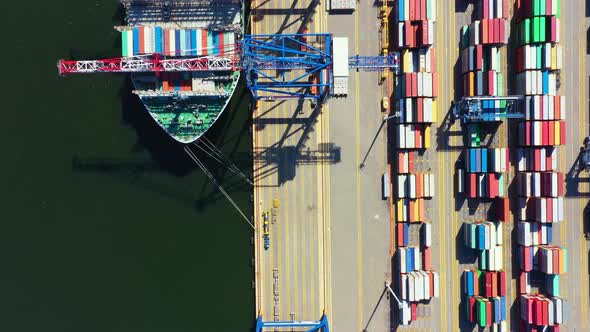 Container ship from sea port working for delivery containers shipment and container warehouse backgr