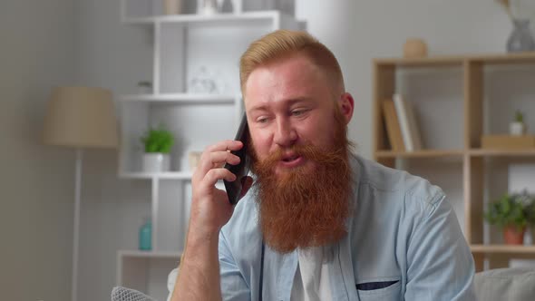 Carefree Young Smiling Redhead Man Relax on Sofa Hold Cellphone Enjoy Remote Conversation with