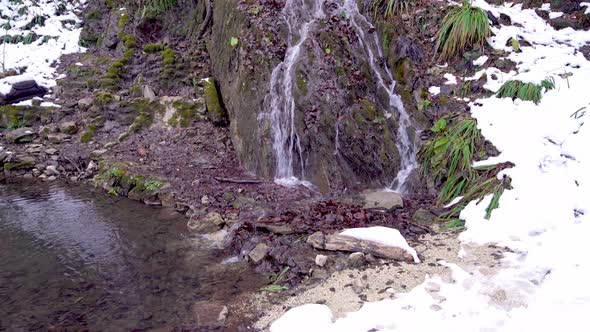 Mountain Small Waterfall In Winter