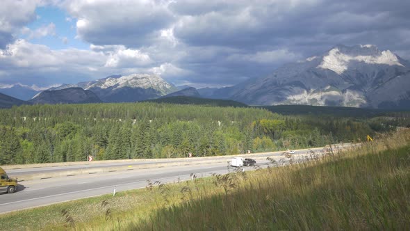 Pan right of a landscape in Banff National Park