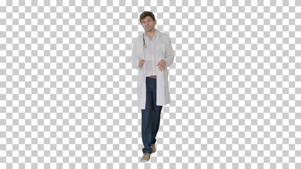 Doctor talking to camera while walking, Alpha Channel