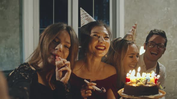 Happy Multiracial Friends Selfie Congratulating with Birthday Excited Asian Girl Giving Cake