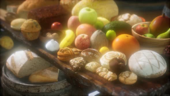 Food Table with Wine Barrels and Some Fruits, Vegetables and Bread alt