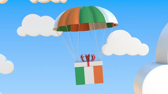 Carton with Flag of the Republic of Ireland Falls with a Parachute