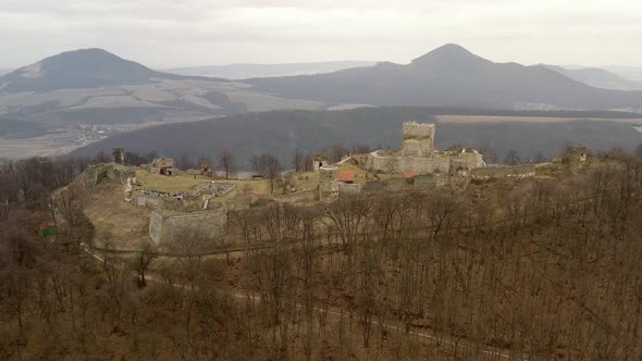 Aerial view of castle in Velky Saris city in Slovakia