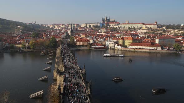 View across Charles Bridge with tourists, Prague, Czechia