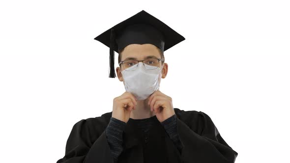 Graduation Student in Medical Mask on White Background