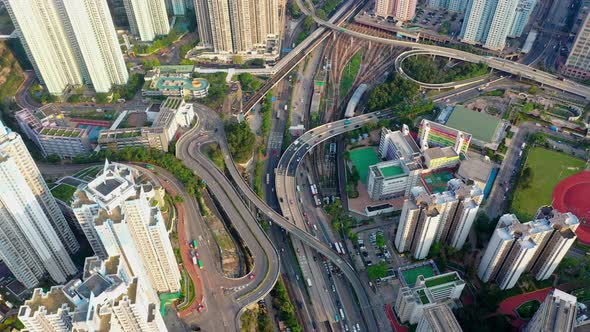 Drone fly over Hong Kong city