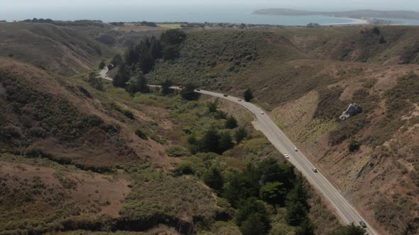 Drone shot  highway 1 going to the coast Northern California