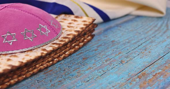 Passover Holiday Traditional Celebration with Kosher Matzah Unleavened Bread of Jewish Pesach